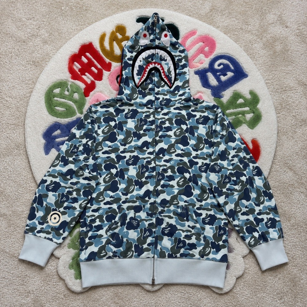 BAPE A Bathing Ape Blue ABC Camo Shark Full Zip Hoodie Size Large WGM Tiger